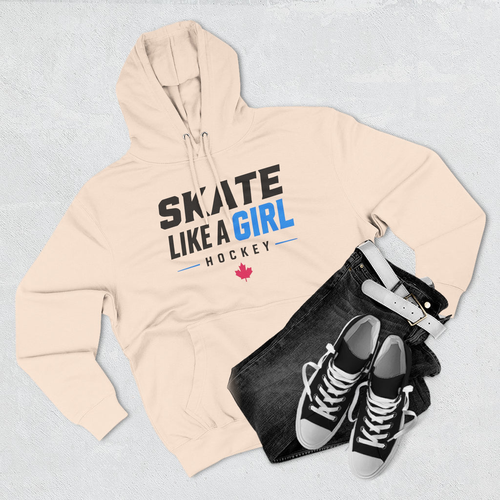 Skate Like A Girl Hockey hoodie in Pale Pink styled with jeans and sneakers