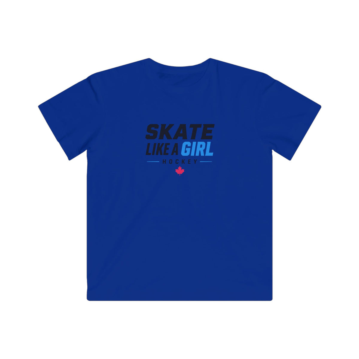 Kids Skate Like A Girl Hockey t-shirt in Royal - front, wordmark graphic