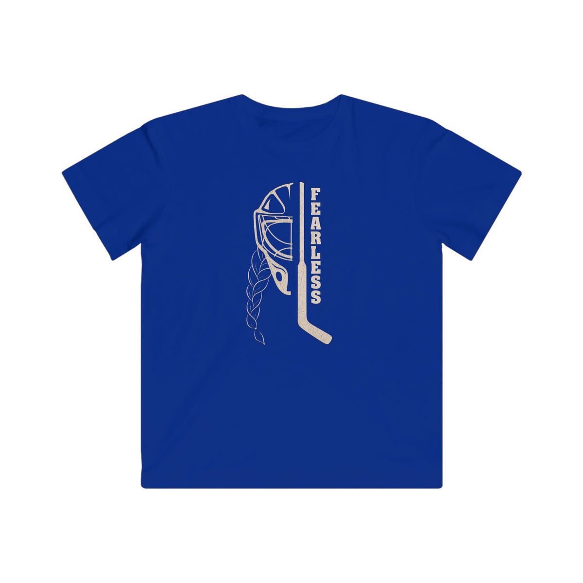 Kids Fearless Goalie Tee in Royal - front, goalie mask, braid and stick with FEARLESS graphic