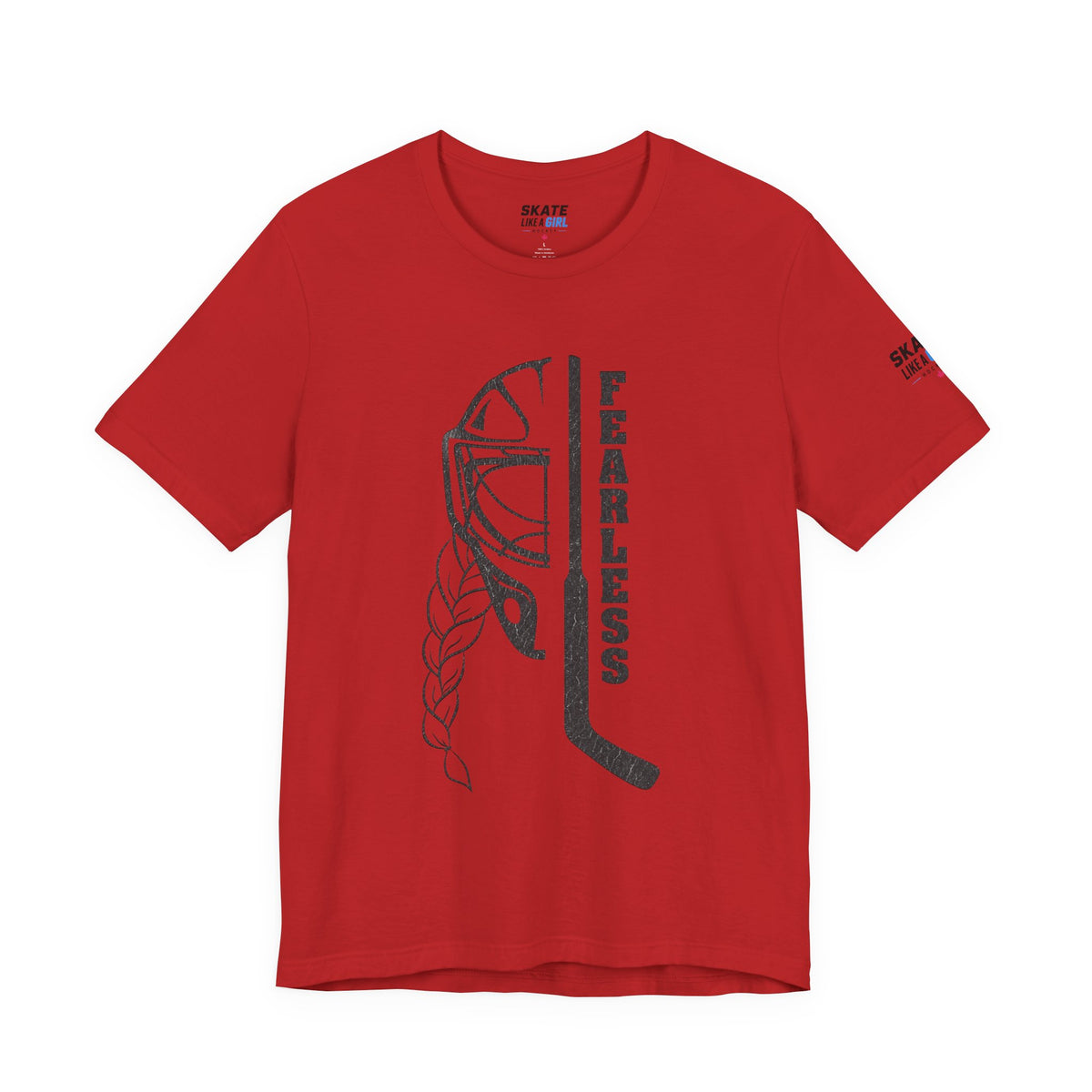Skate Like A Girl Fearless Goalie hockey tee in Red - front, goalie mask, braid and stick with FEARLESS graphic