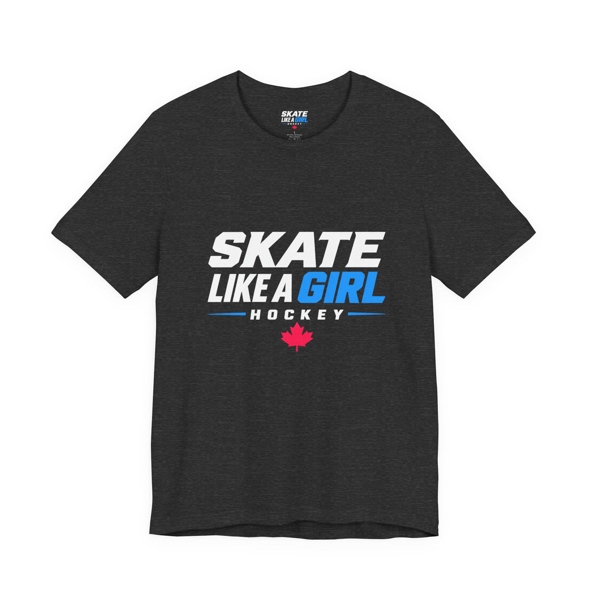 Skate Like A Girl Hockey wordmark tee in Dark Grey Heather - front, full logo centered