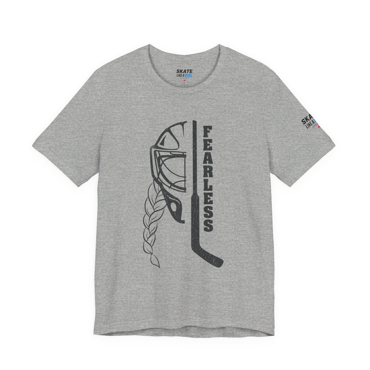 Skate Like A Girl Fearless Goalie hockey tee in Athletic Heather - front, goalie mask, braid and stick with FEARLESS graphic
