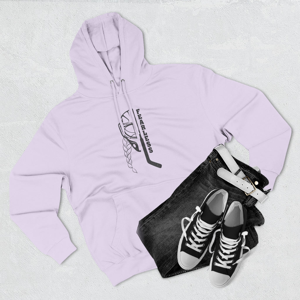 Fearless goalie hockey hoodie in Lilac - styled flat lay with jeans