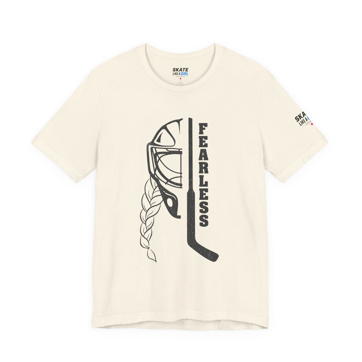 Skate Like A Girl Fearless Goalie hockey tee in Natural - front, goalie mask, braid and stick with FEARLESS graphic