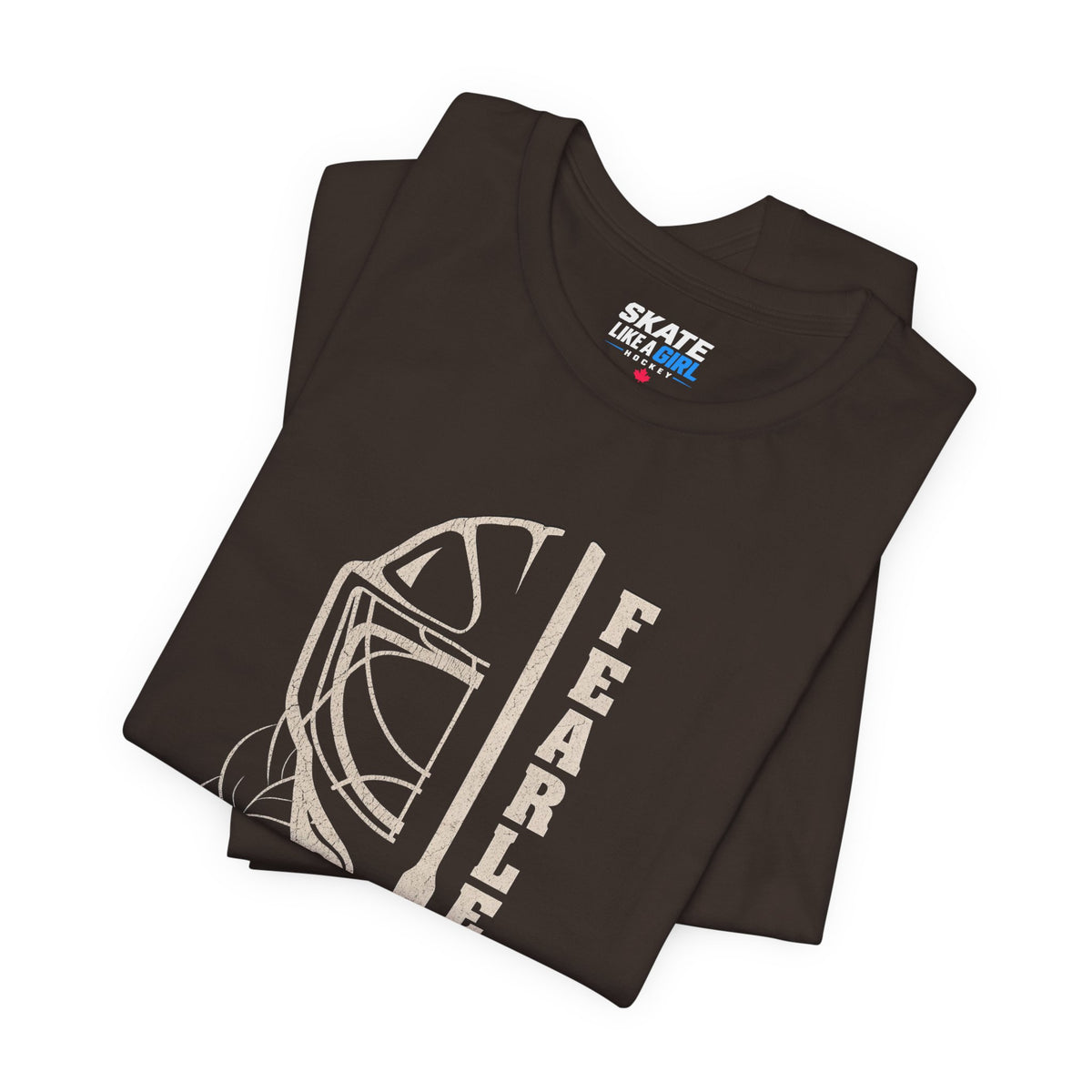Skate Like A Girl Fearless Goalie hockey tee in Brown - folded