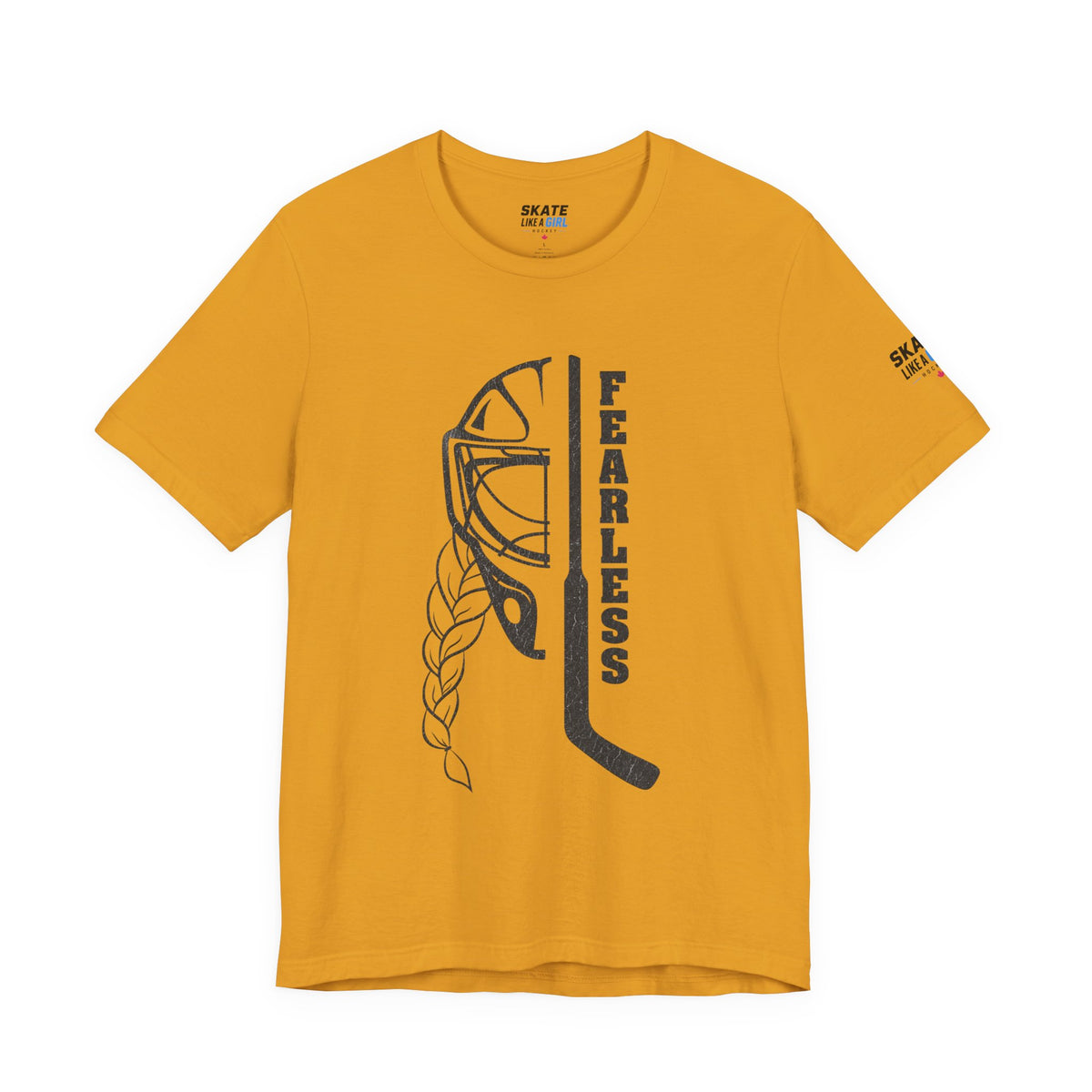 Skate Like A Girl Fearless Goalie hockey tee in Mustard - front, goalie mask, braid and stick with FEARLESS graphic