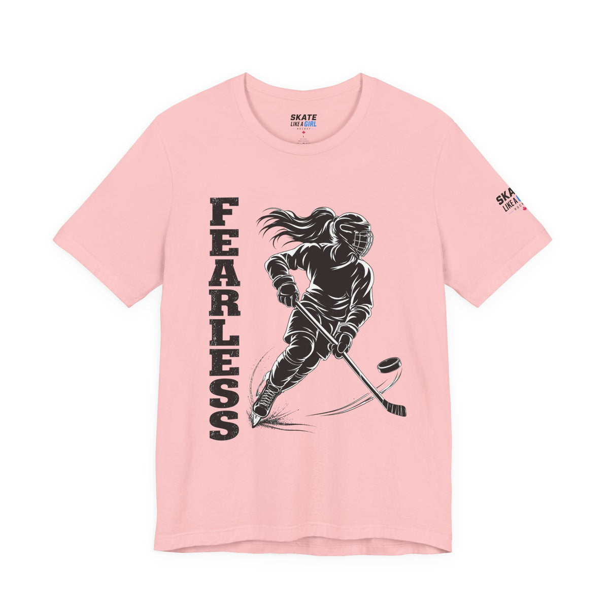 Skate Like A Girl Fearless hockey tee in Pink - front, FEARLESS graphic on chest