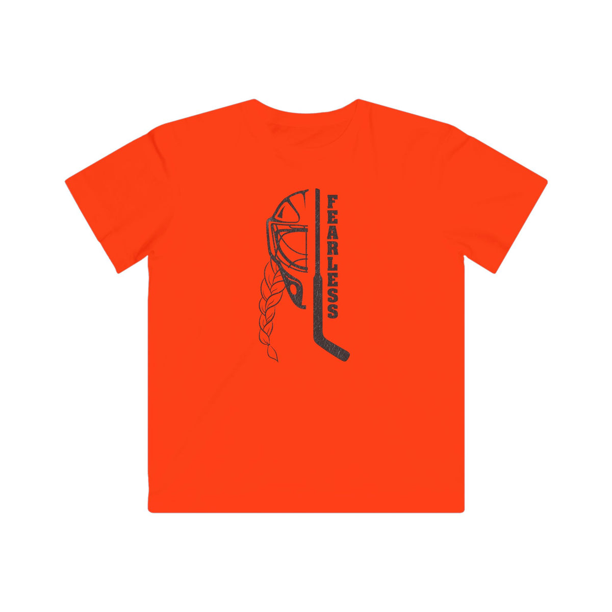 Kids Fearless Goalie Tee in Orange - front, goalie mask, braid and stick with FEARLESS graphic