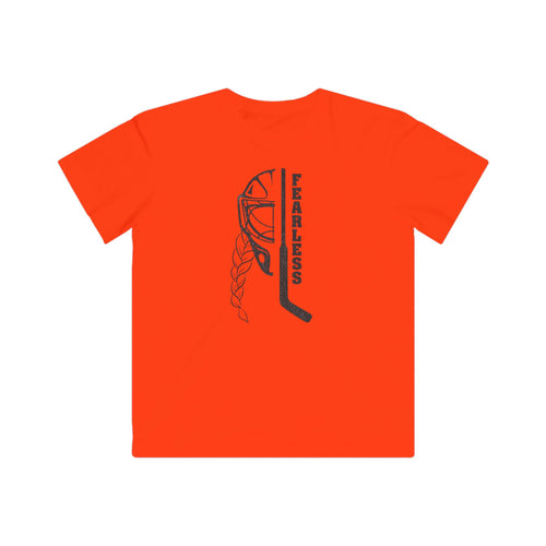 Kids Fearless Goalie Tee in Orange - front, goalie mask, braid and stick with FEARLESS graphic
