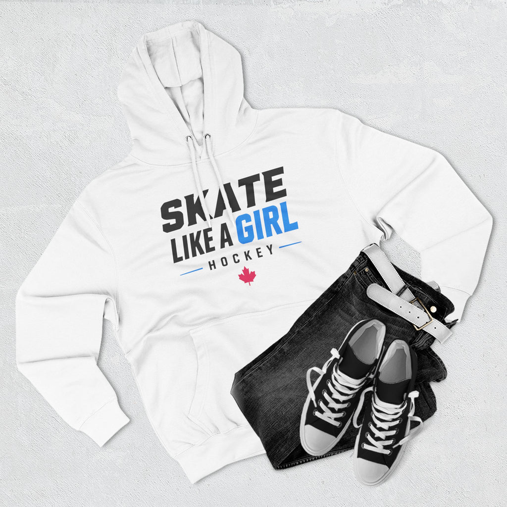 Skate Like A Girl Hockey hoodie in White styled with jeans and sneakers