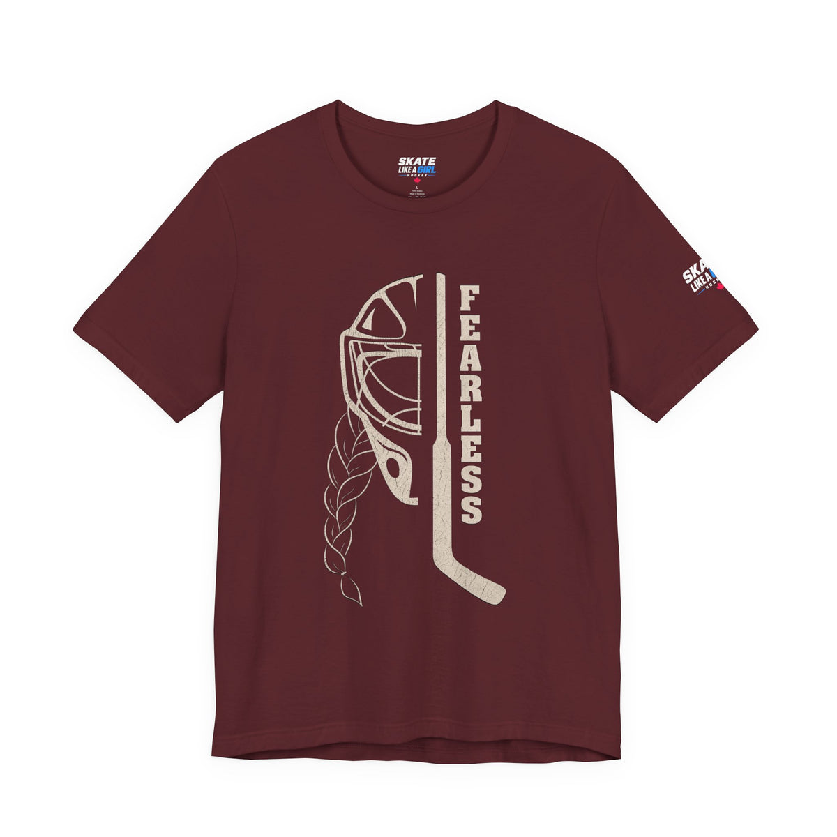 Skate Like A Girl Fearless Goalie hockey tee in Maroon - front, goalie mask, braid and stick with FEARLESS graphic