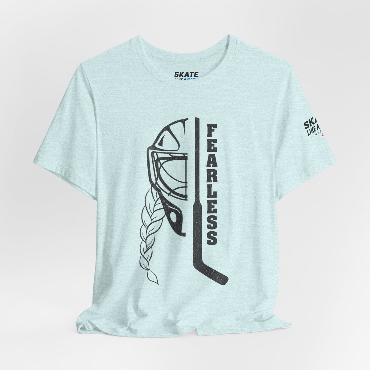 Skate Like A Girl Fearless Goalie hockey tee in Heather Prism Ice Blue - styled