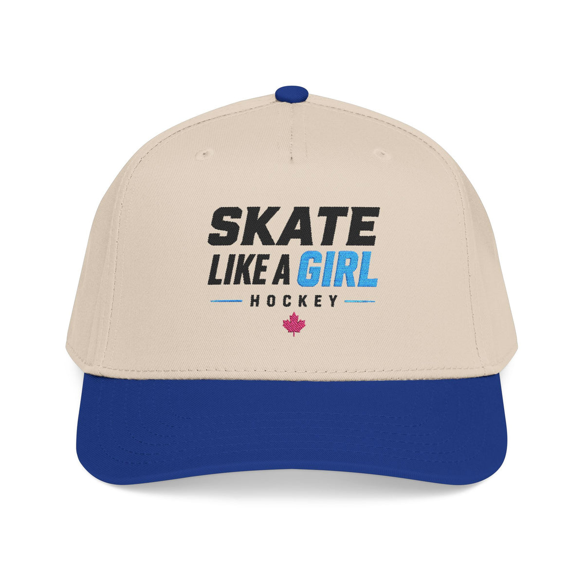 Skate Like A Girl Hockey snapback cap in Royal / Natural - front, embroidered wordmark logo