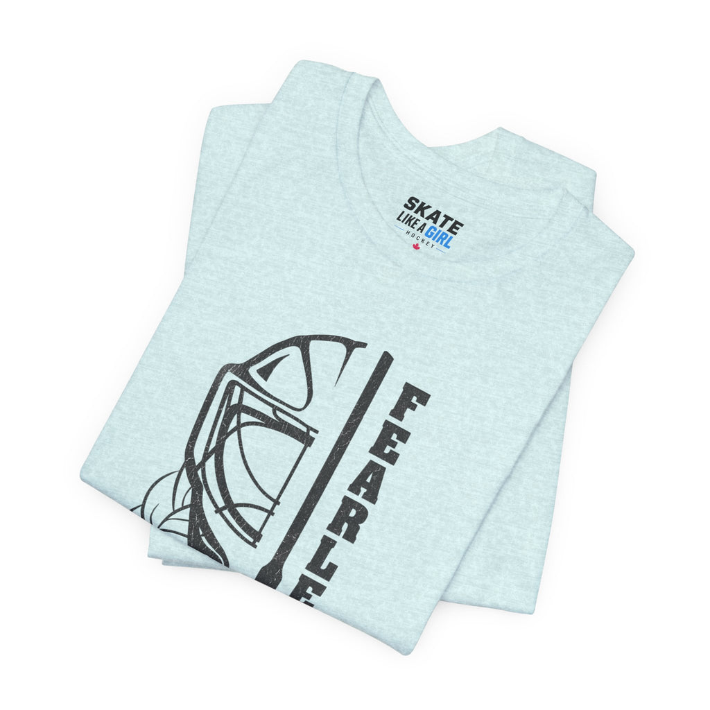 Skate Like A Girl Fearless Goalie hockey tee in Heather Prism Ice Blue - folded