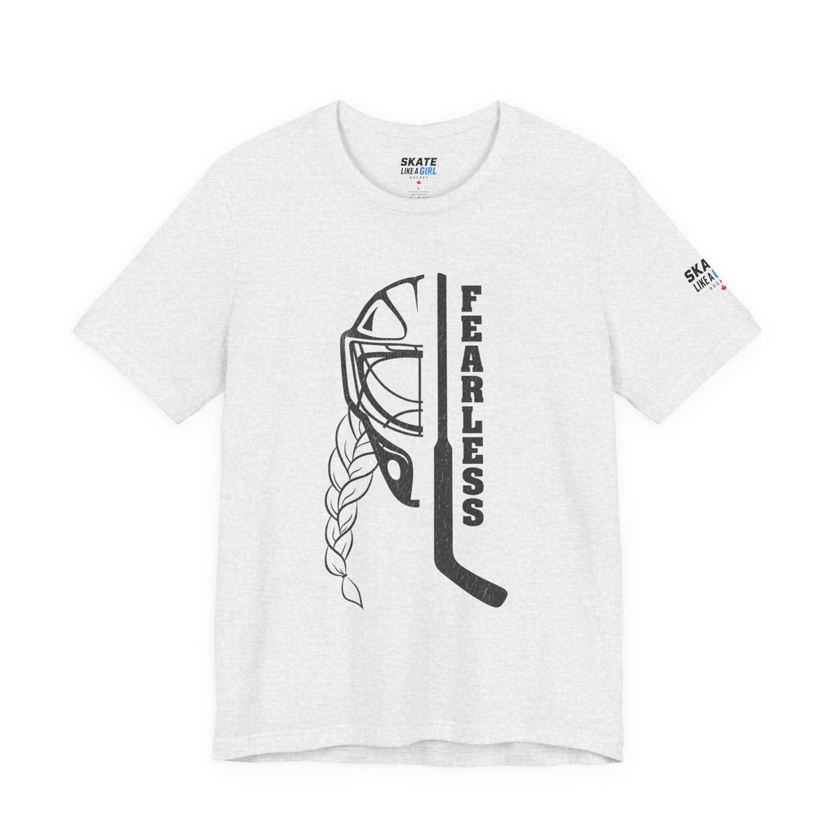 Skate Like A Girl Fearless Goalie hockey tee in Ash - front, goalie mask, braid and stick with FEARLESS graphic