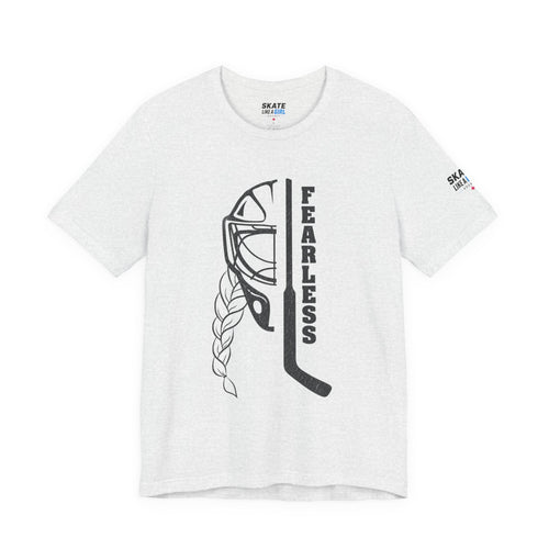 Skate Like A Girl Fearless Goalie hockey tee in Ash - front, goalie mask, braid and stick with FEARLESS graphic