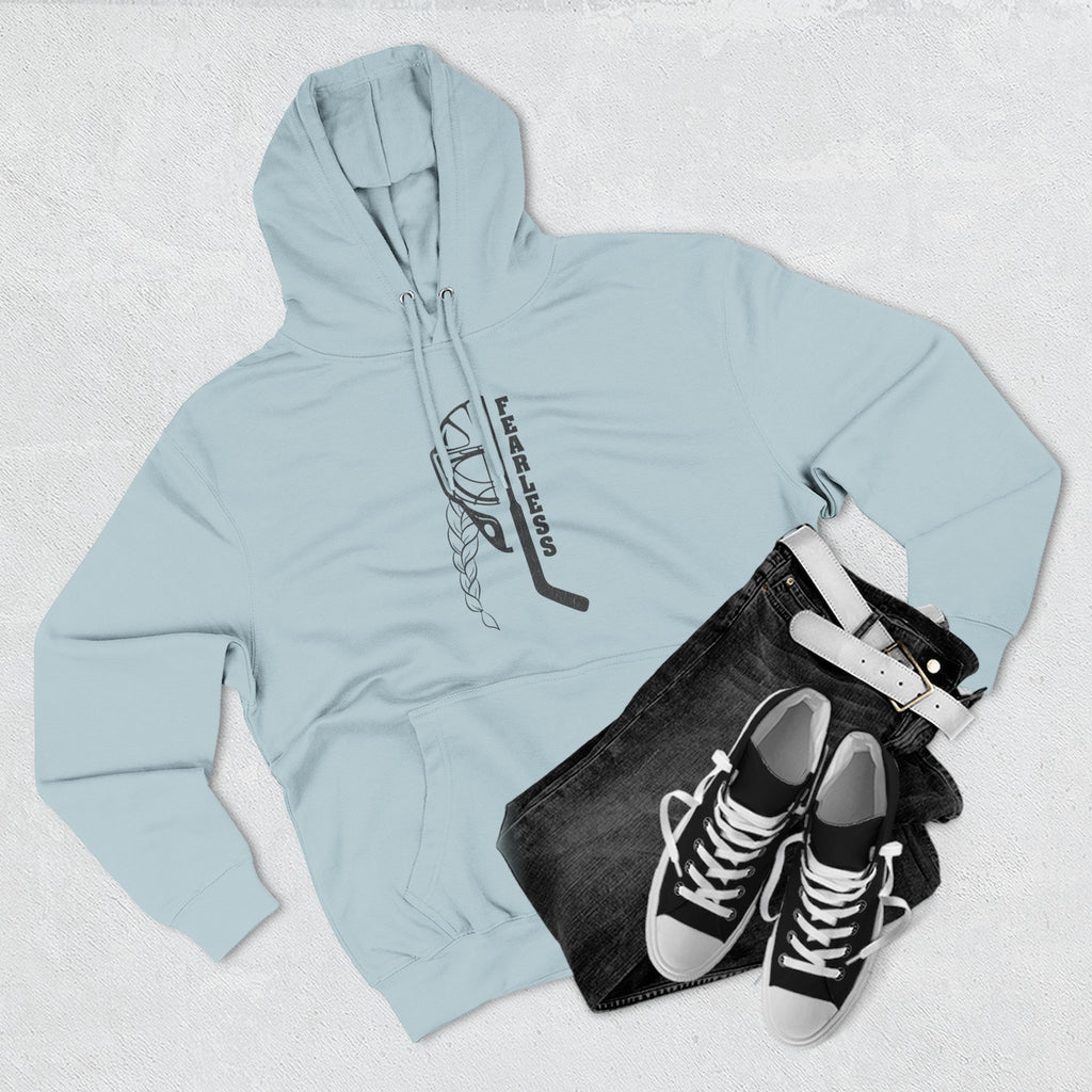 Fearless goalie hockey hoodie in Blue Mist - styled flat lay with jeans