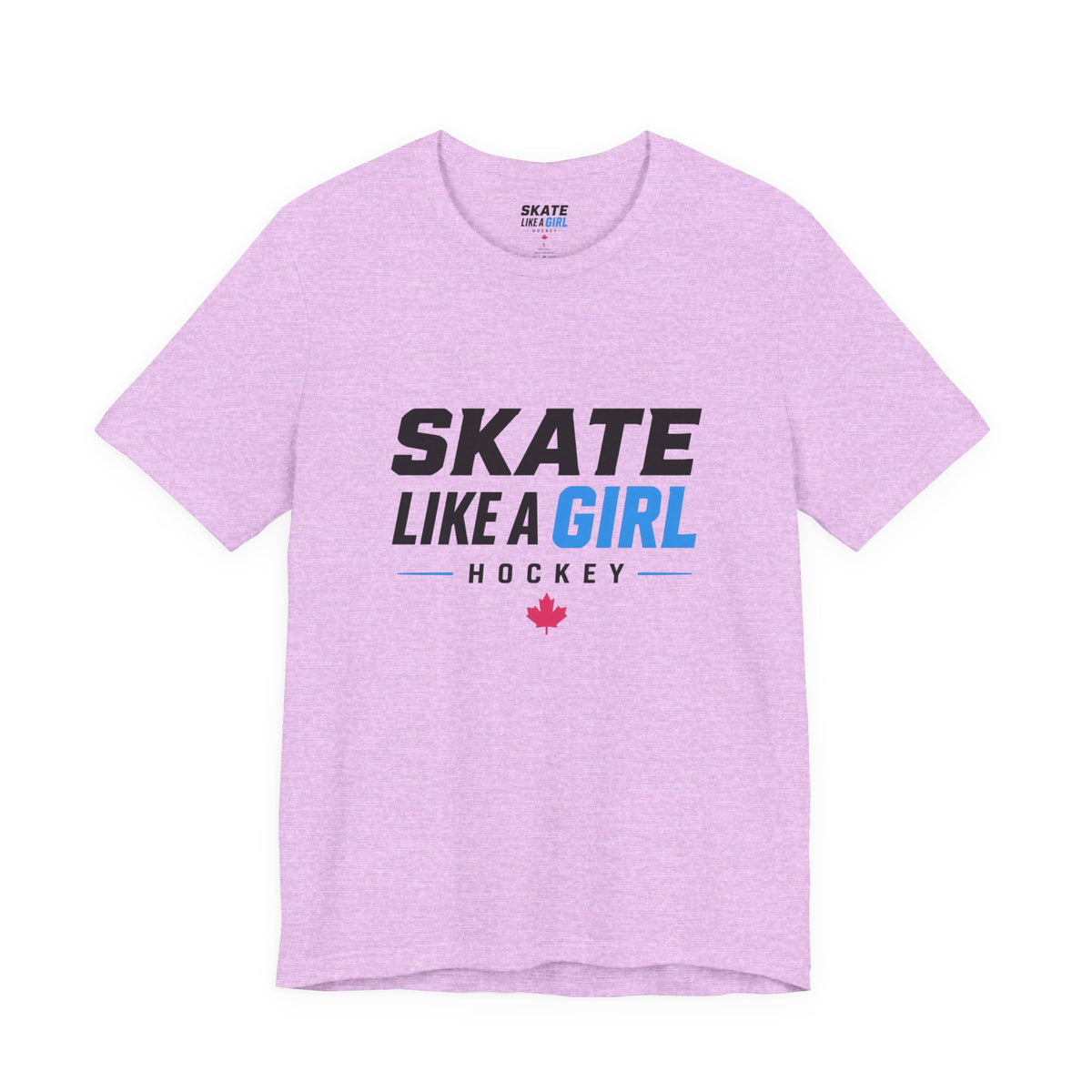 Skate Like A Girl Hockey wordmark tee in Heather Prism Lilac - front, full logo centered