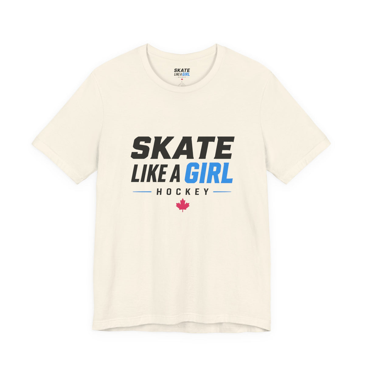 Skate Like A Girl Hockey wordmark tee in Natural - front, full logo centered