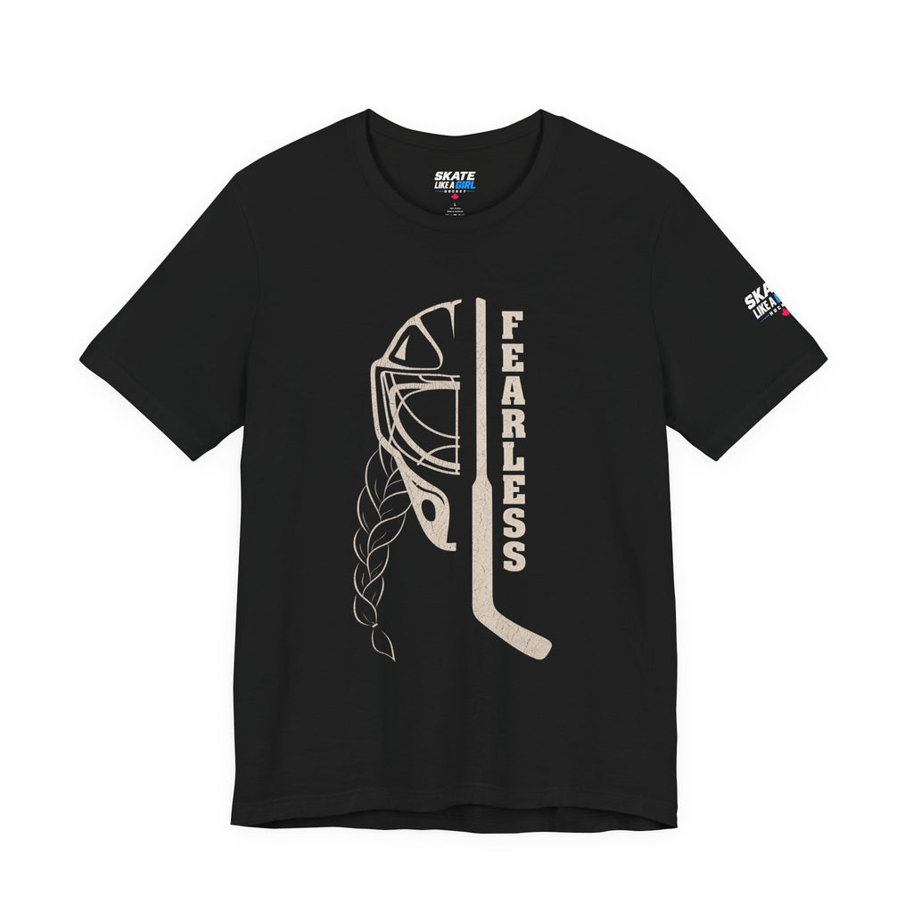 Skate Like A Girl Fearless Goalie hockey tee in Black - front, goalie mask, braid and stick with FEARLESS graphic