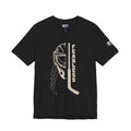 Skate Like A Girl Fearless Goalie hockey tee in Black - front, goalie mask, braid and stick with FEARLESS graphic