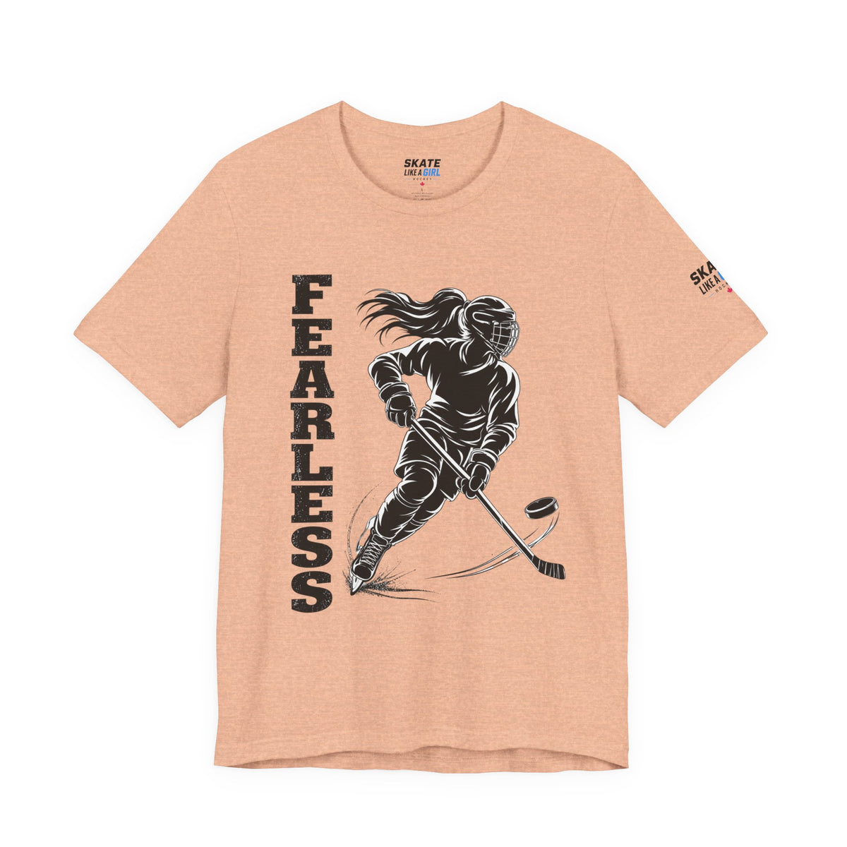 Skate Like A Girl Fearless hockey tee in Heather Peach - front, FEARLESS graphic on chest