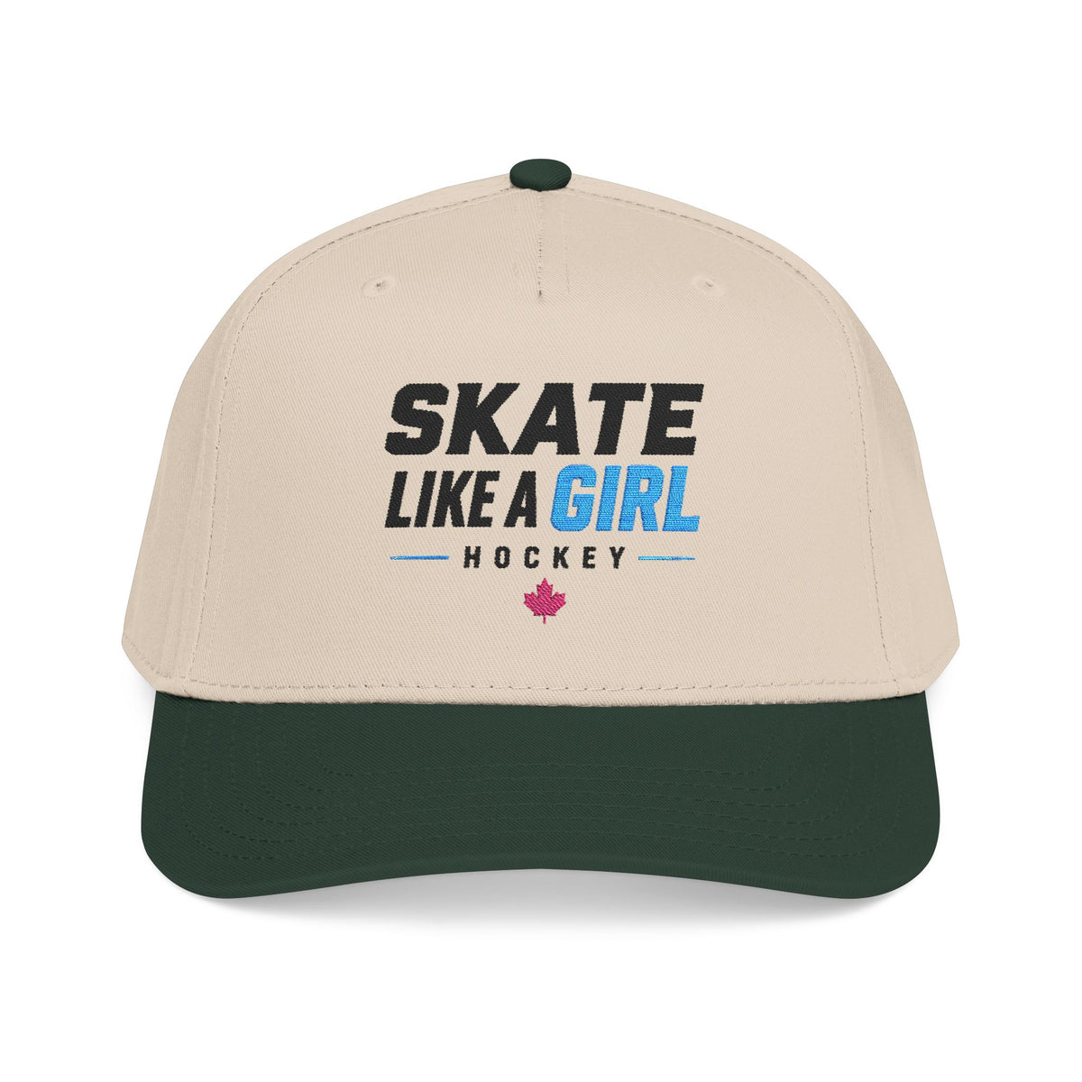 Skate Like A Girl Hockey snapback cap in Dark Green / Natural - front, embroidered wordmark logo