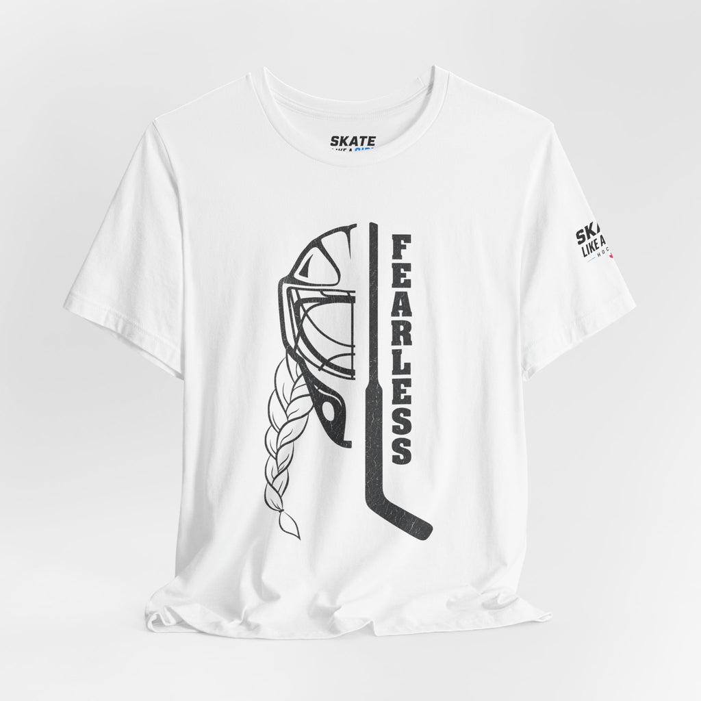 Skate Like A Girl Fearless Goalie hockey tee in White - styled