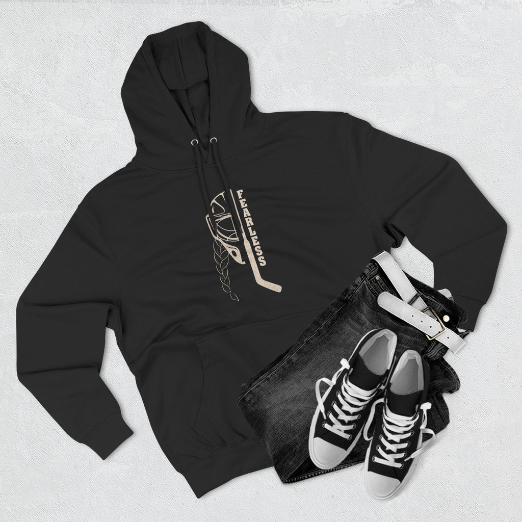 Fearless goalie hockey hoodie in Charcoal Heather - styled flat lay with jeans