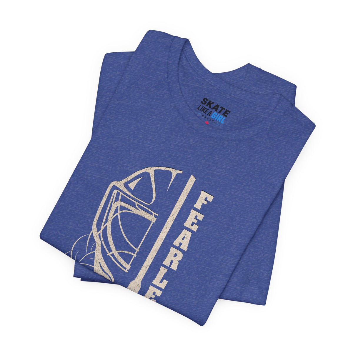 Skate Like A Girl Fearless Goalie hockey tee in Heather True Royal - folded