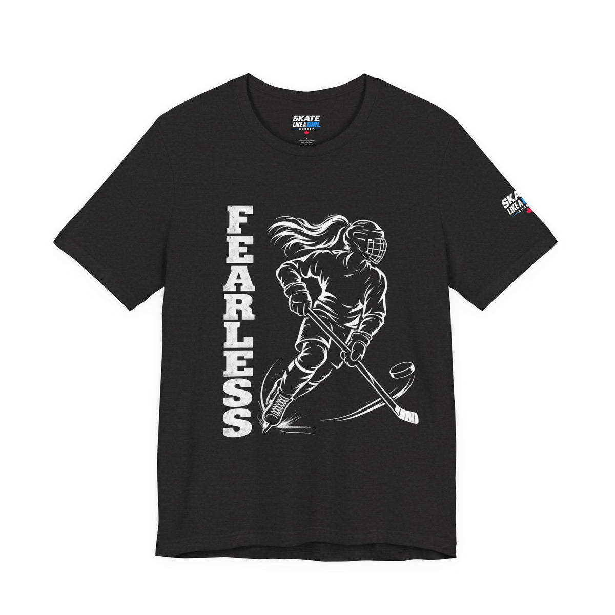 Skate Like A Girl Fearless hockey tee in Black Heather - front, FEARLESS graphic on chest