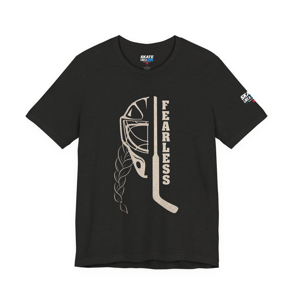 Skate Like A Girl Fearless Goalie hockey tee in Black Heather - front, goalie mask, braid and stick with FEARLESS graphic