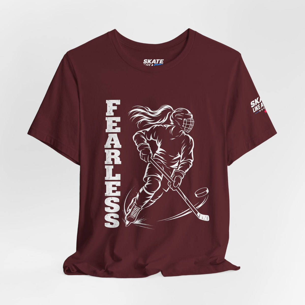 Skate Like A Girl Fearless hockey tee in Maroon - styled