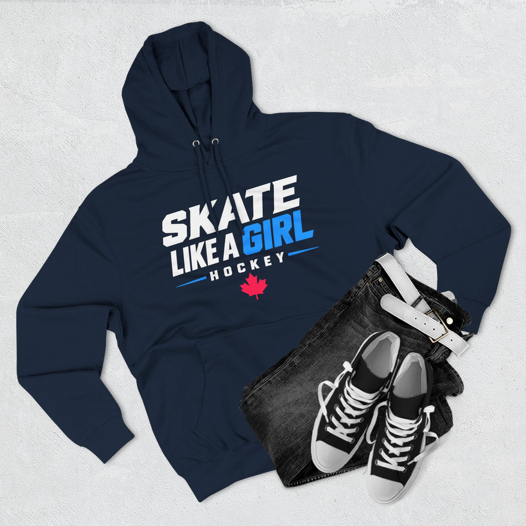 Skate Like A Girl Hockey hoodie in Navy styled with jeans and sneakers