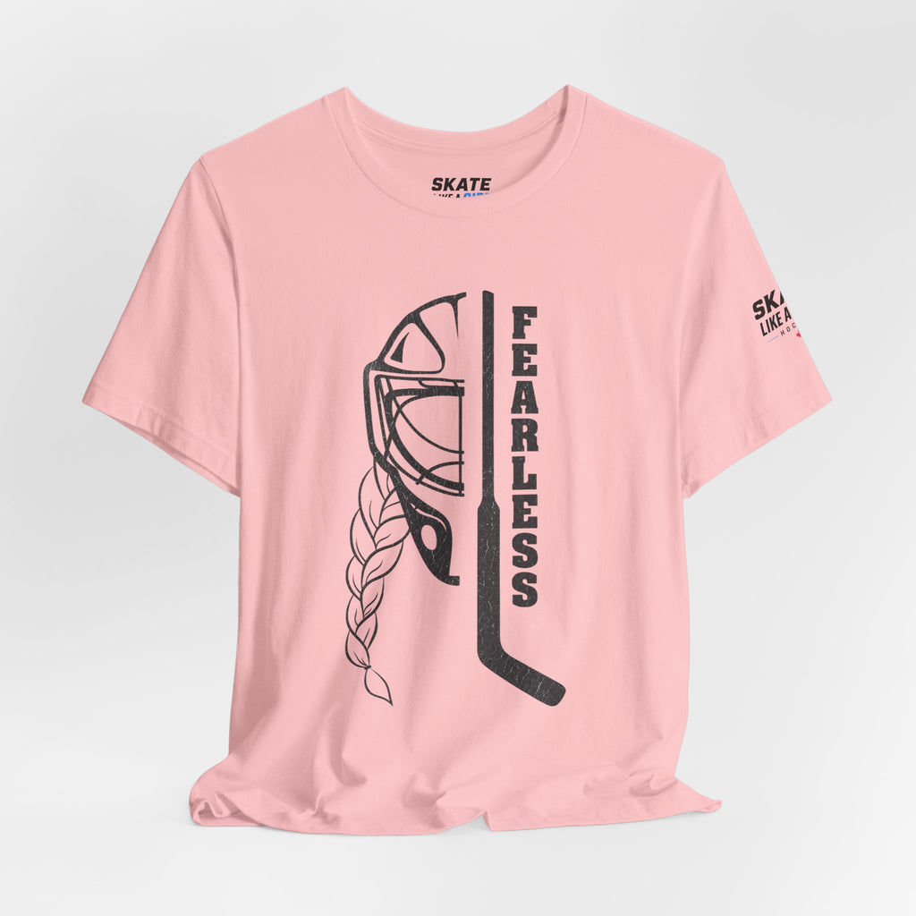 Skate Like A Girl Fearless Goalie hockey tee in Pink - styled