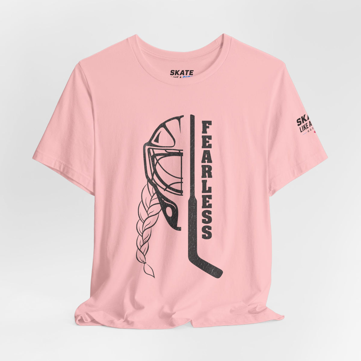 Skate Like A Girl Fearless Goalie hockey tee in Pink - styled