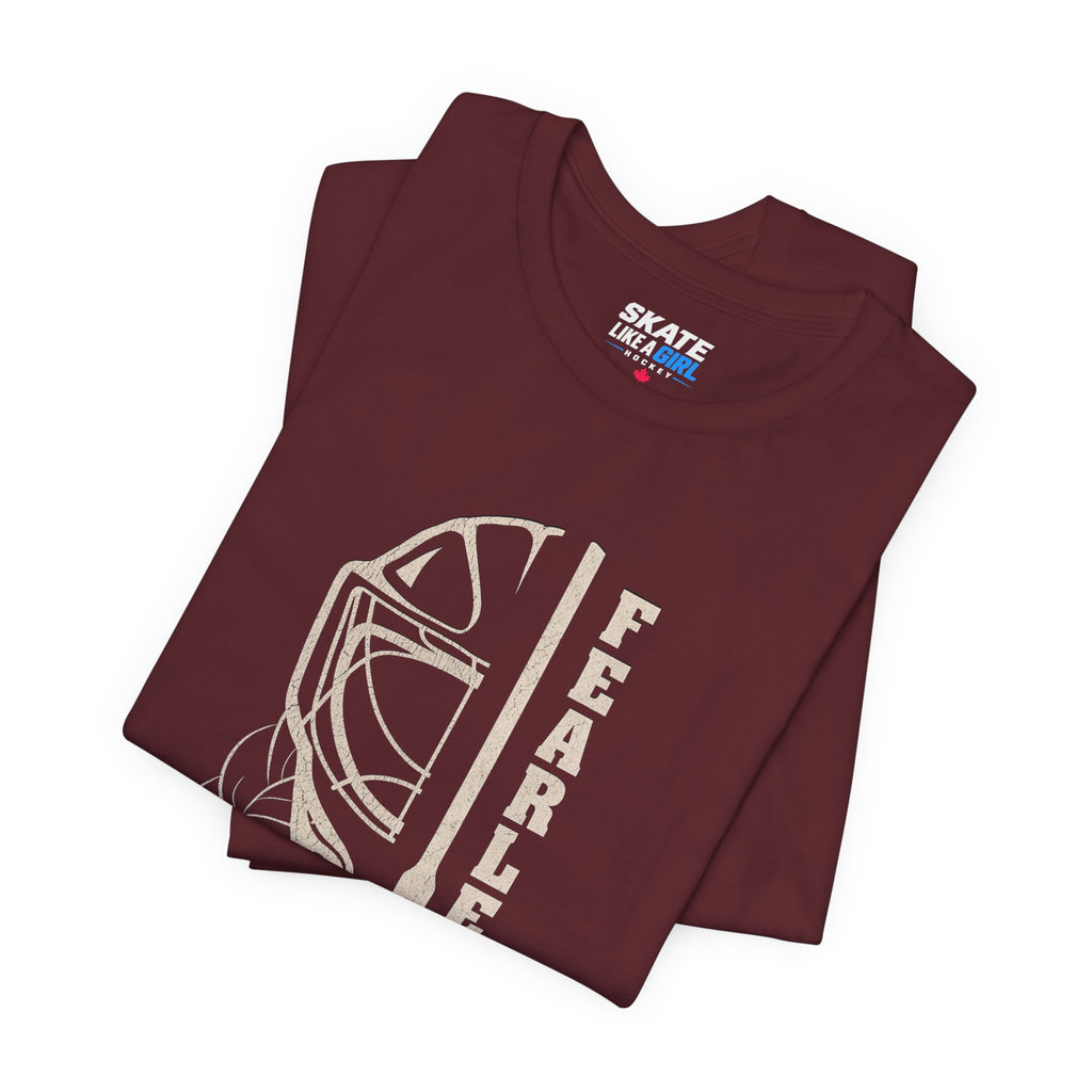 Skate Like A Girl Fearless Goalie hockey tee in Maroon - folded