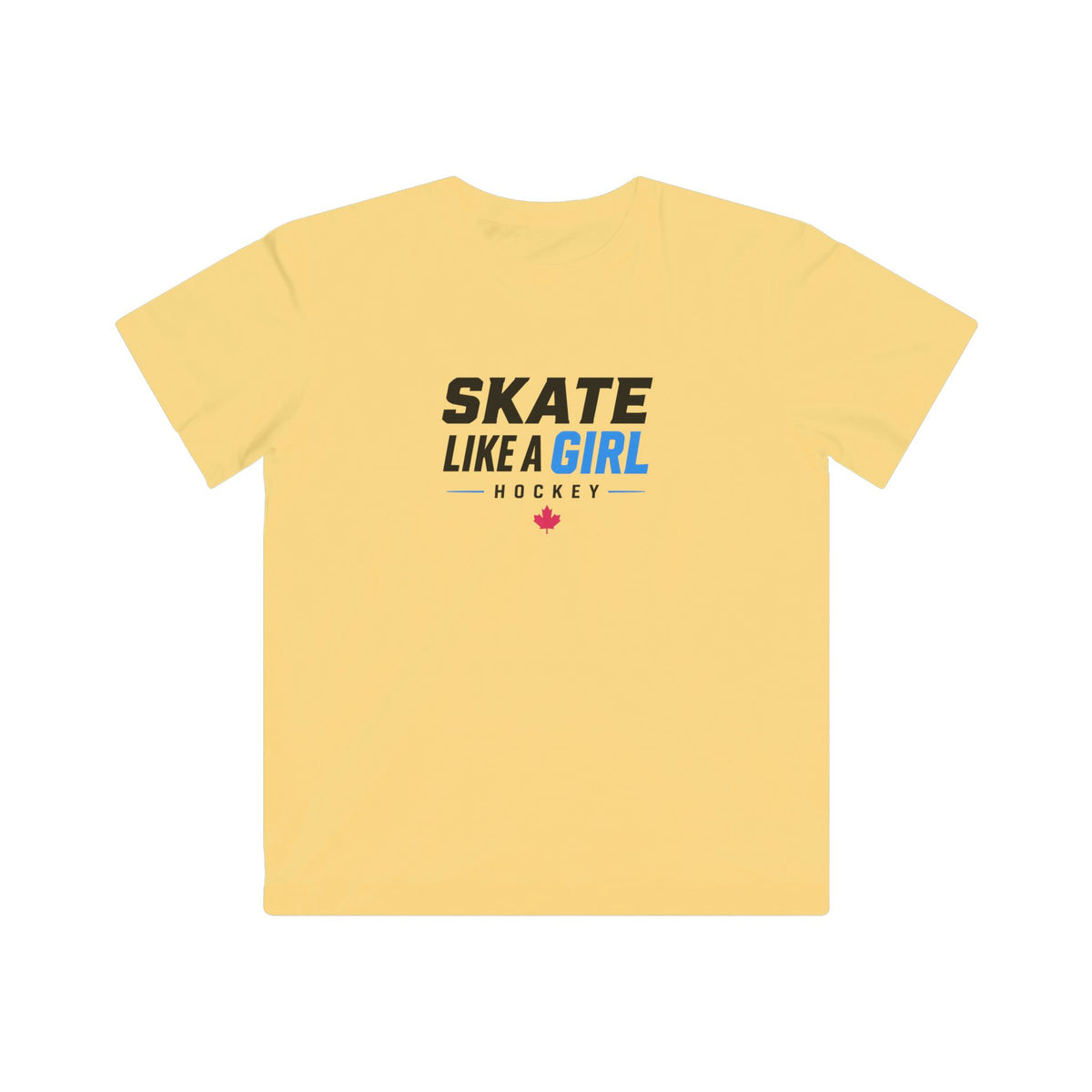 Kids Skate Like A Girl Hockey t-shirt in Butter - front, wordmark graphic