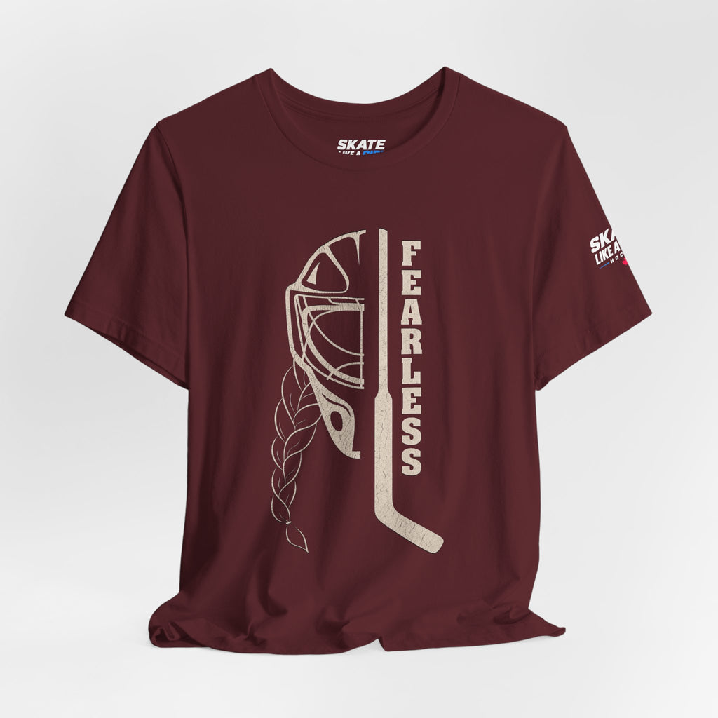 Skate Like A Girl Fearless Goalie hockey tee in Maroon - styled