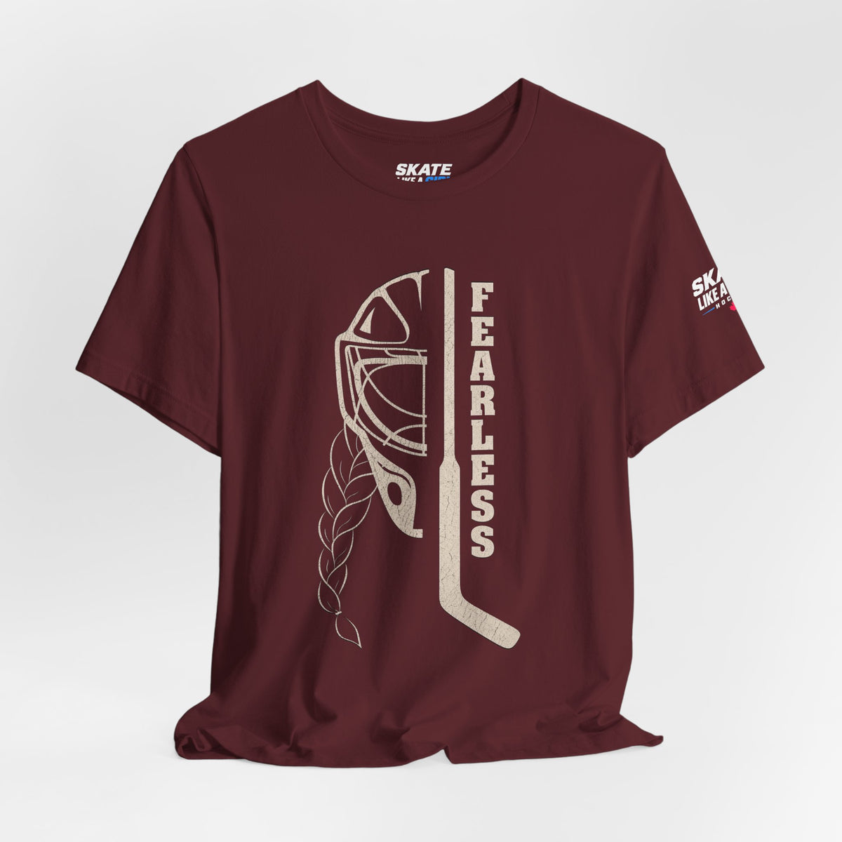 Skate Like A Girl Fearless Goalie hockey tee in Maroon - styled
