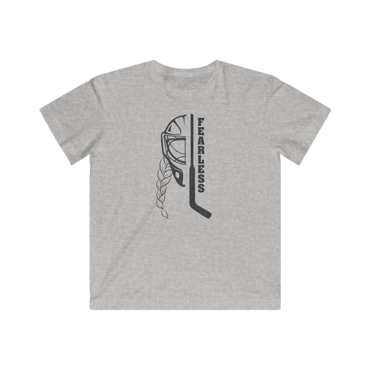 Kids Fearless Goalie Tee in Heather - front, goalie mask, braid and stick with FEARLESS graphic