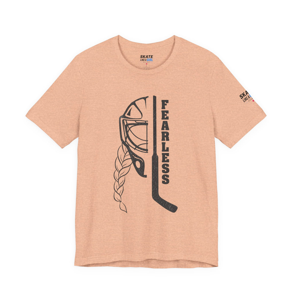 Skate Like A Girl Fearless Goalie hockey tee in Heather Peach - front, goalie mask, braid and stick with FEARLESS graphic