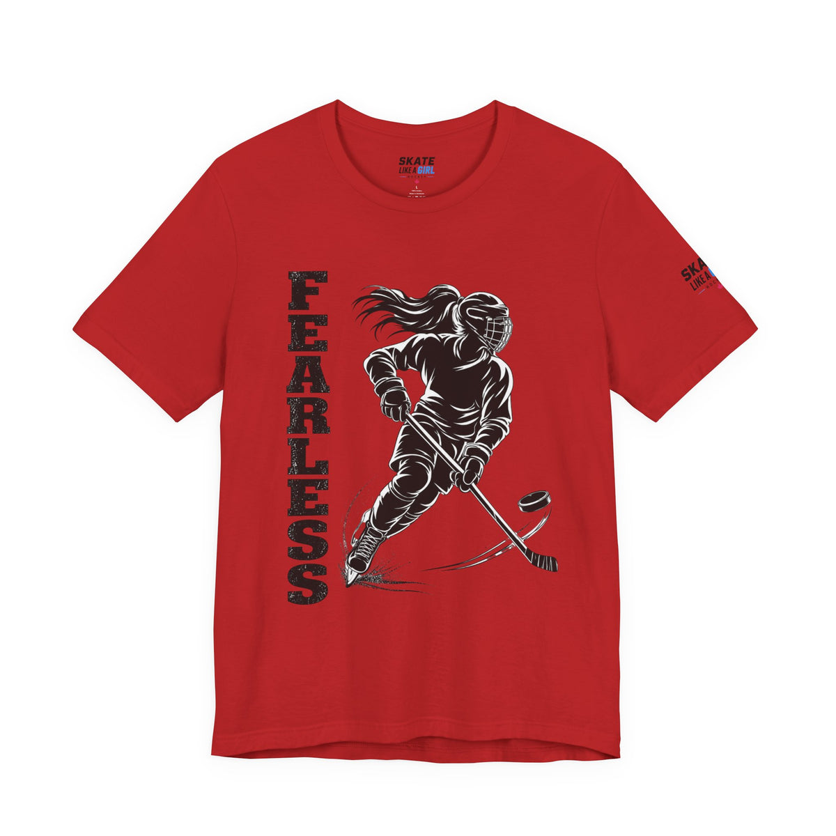 Skate Like A Girl Fearless hockey tee in Red - front, FEARLESS graphic on chest