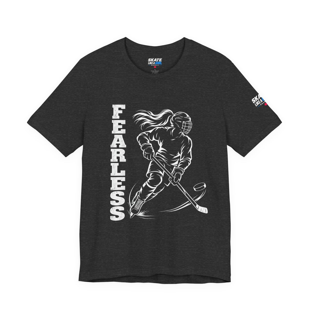 Skate Like A Girl Fearless hockey tee in Dark Grey Heather - front, FEARLESS graphic on chest