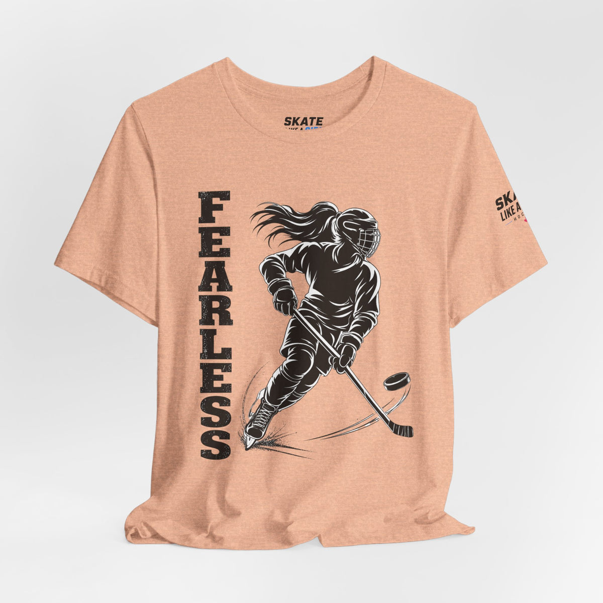 Skate Like A Girl Fearless hockey tee in Heather Peach - styled