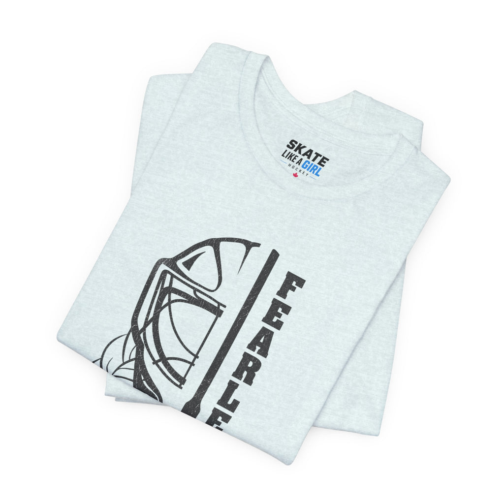 Skate Like A Girl Fearless Goalie hockey tee in Heather Ice Blue - folded