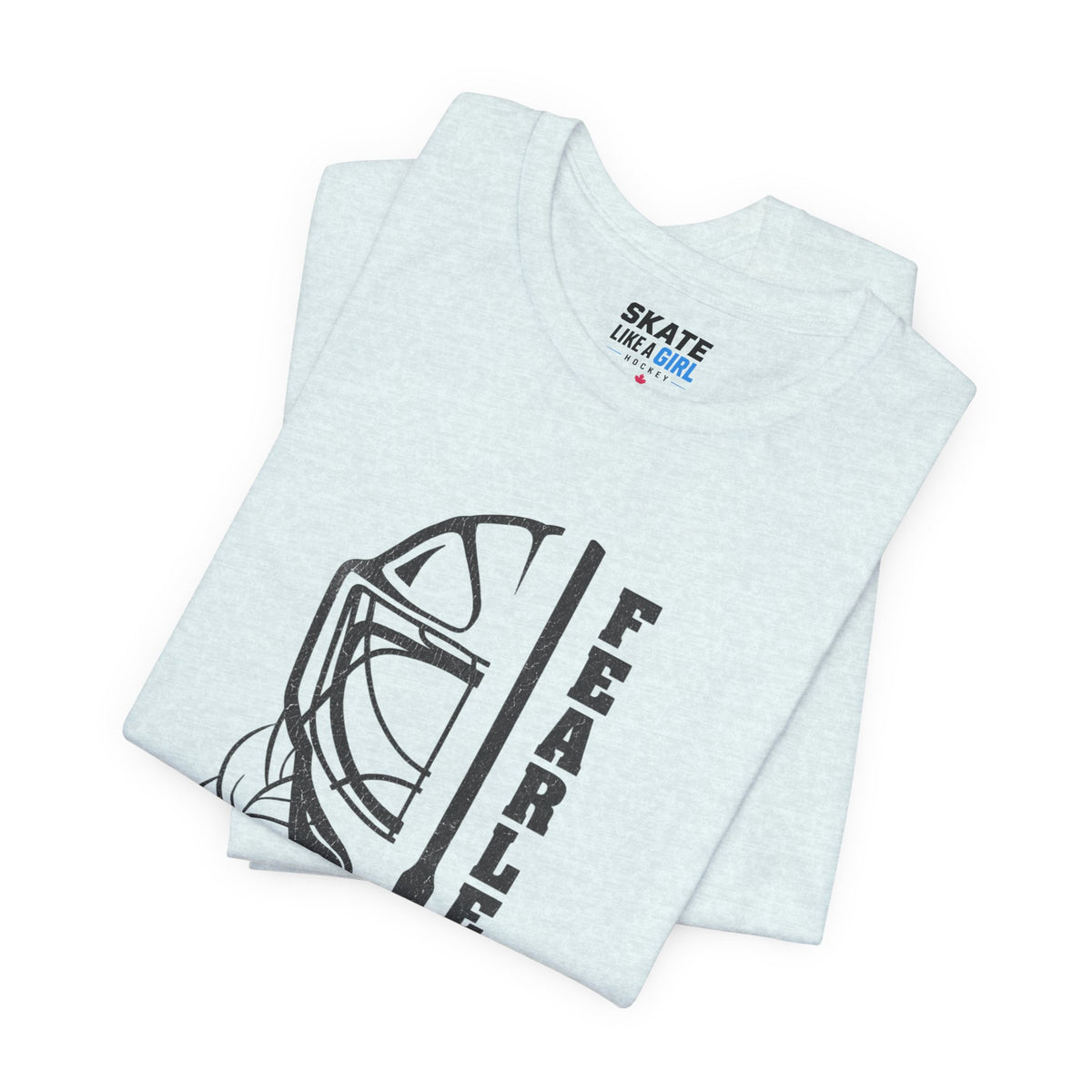 Skate Like A Girl Fearless Goalie hockey tee in Heather Ice Blue - folded