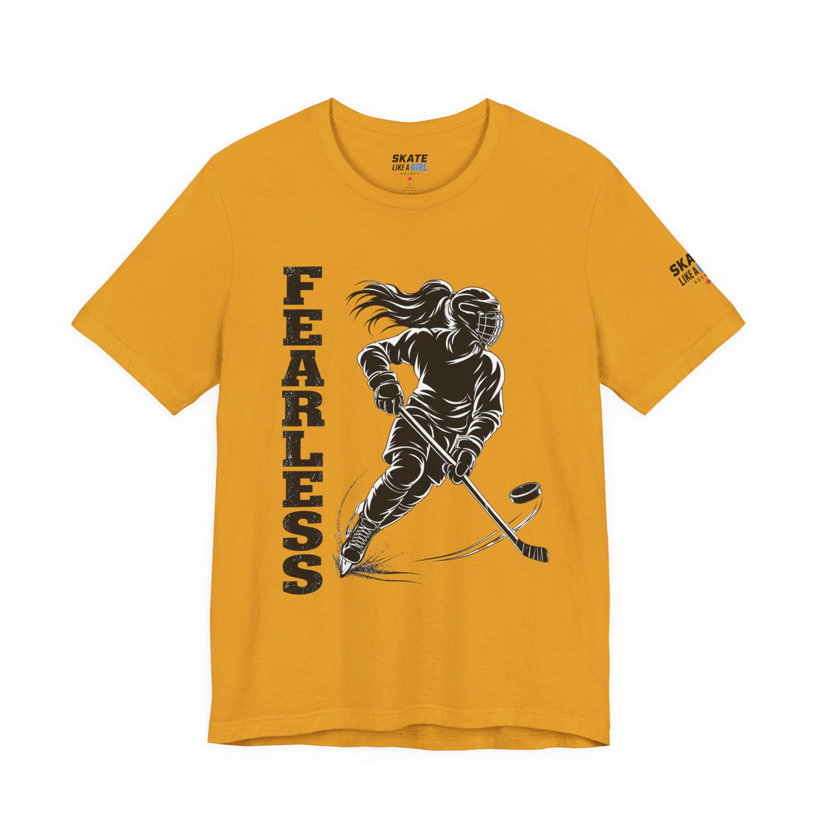 Skate Like A Girl Fearless hockey tee in Mustard - front, FEARLESS graphic on chest