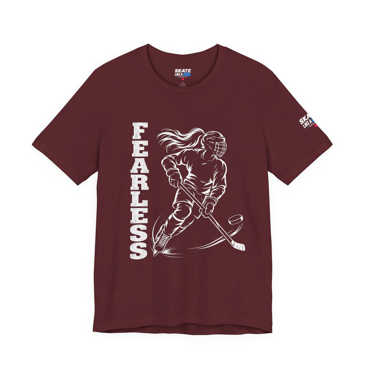 Skate Like A Girl Fearless hockey tee in Maroon - front, FEARLESS graphic on chest