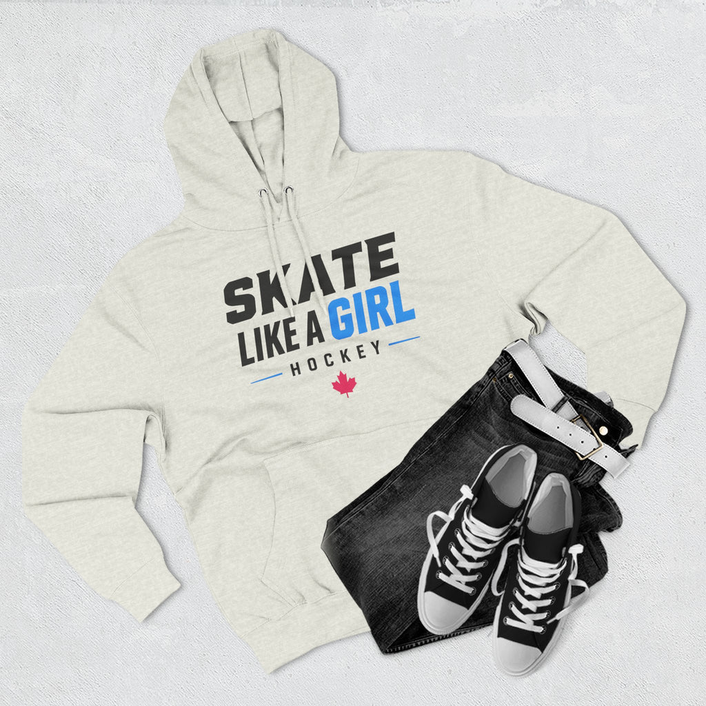 Skate Like A Girl Hockey hoodie in Oatmeal Heather styled with jeans and sneakers